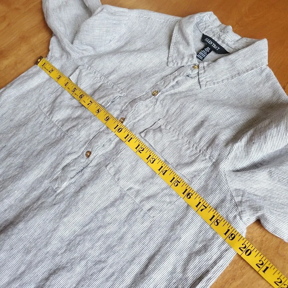 Ellen Tracy 100% Linen Popover Top Womens M Adjustable Sleeve Thin Striped